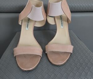 Manolo Blahnik Tan Heels with Modern Open-Toe Design